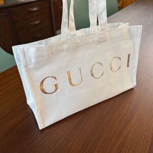 🩶 Gucci White Canvas Mini Tote Bag Silver Metallic Logo Small Top Handle Bag 🩶